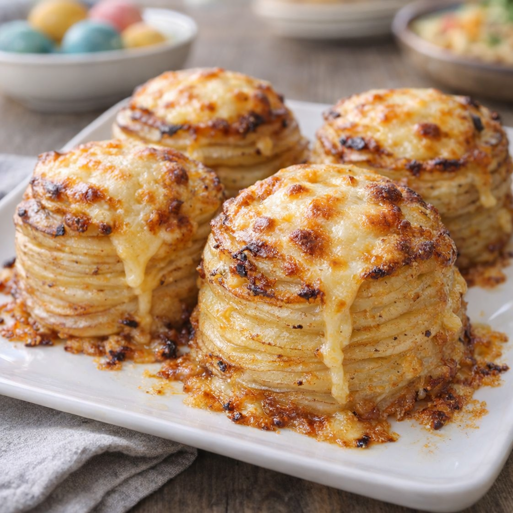 Golden cheesy potato stacks on a white platter