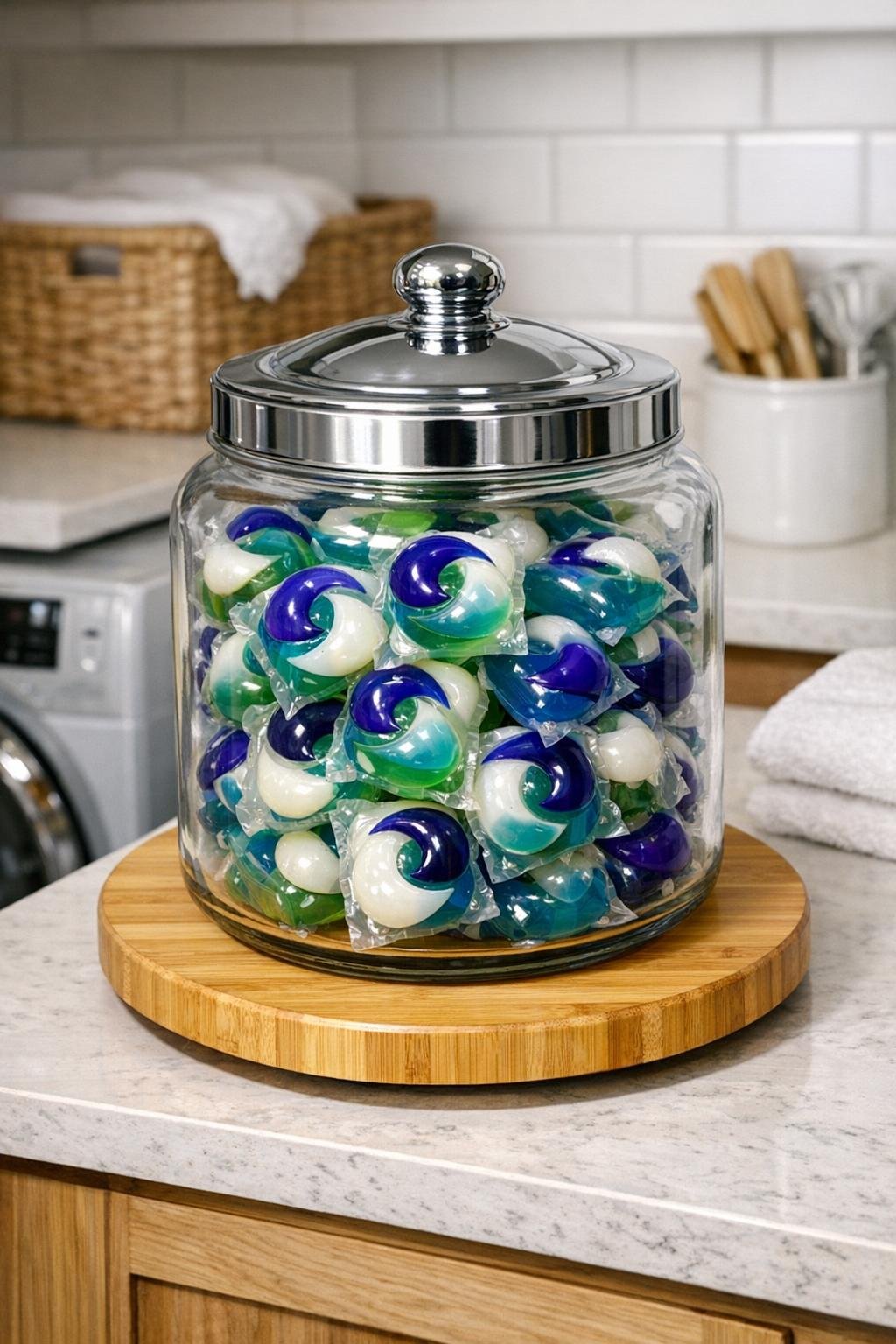 Finished laundry pod dispenser made from a glass cookie jar on a bamboo lazy susan