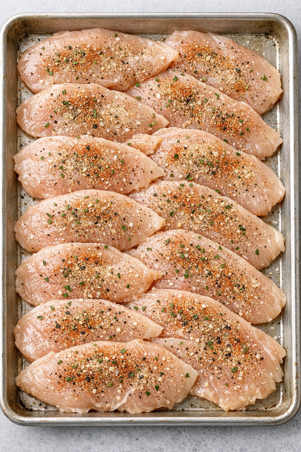 Chicken breasts arranged on a baking sheet