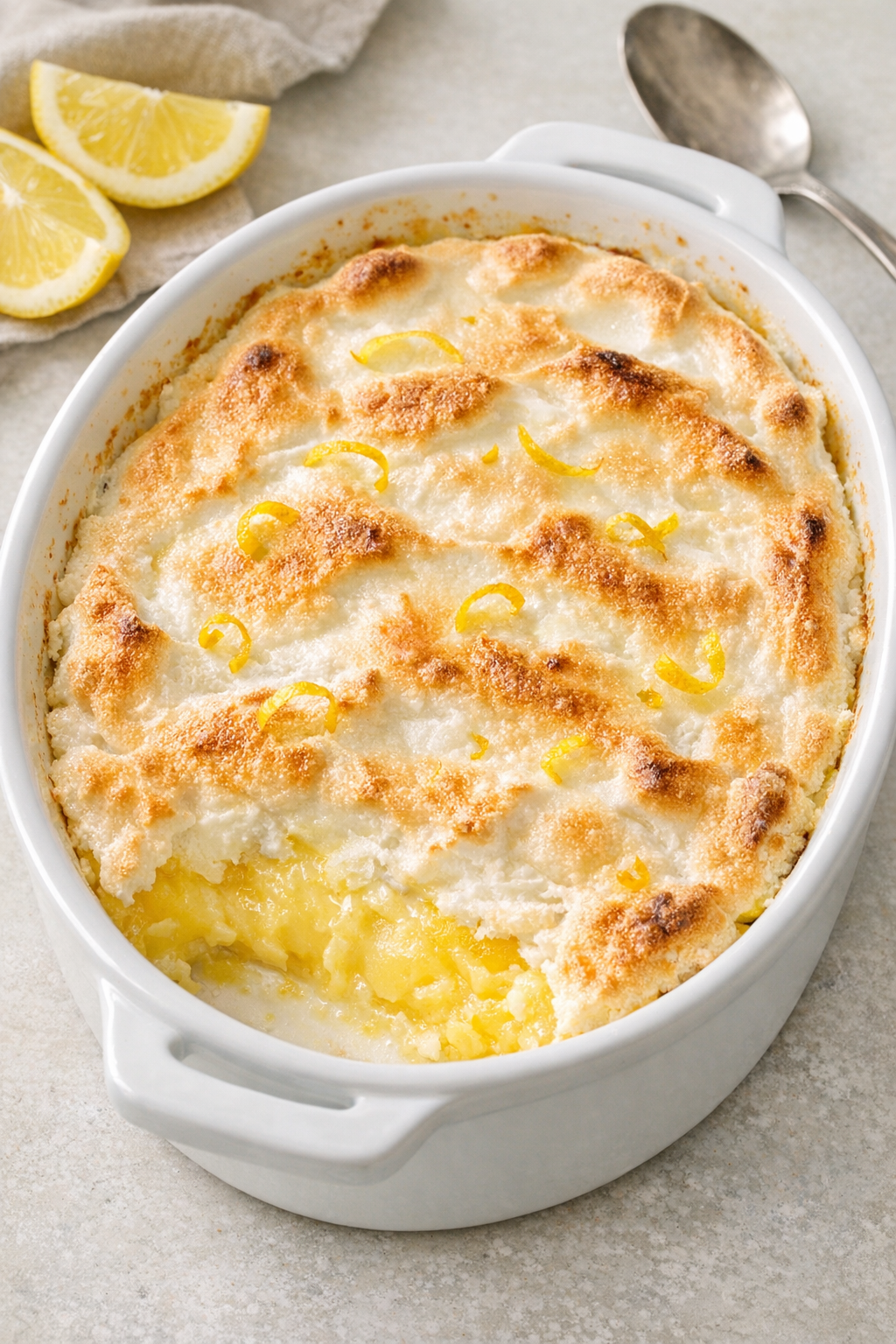 Finished baked lemon meringue dessert in casserole dish