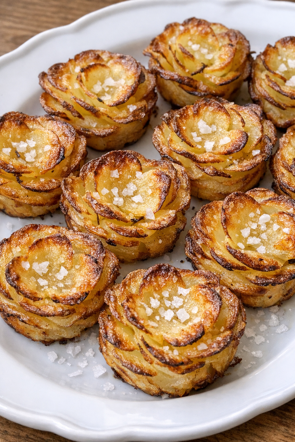 Golden crispy potato flower bites on a white platter