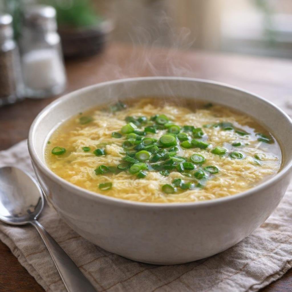 Bowl of egg drop soup on a kitchen table