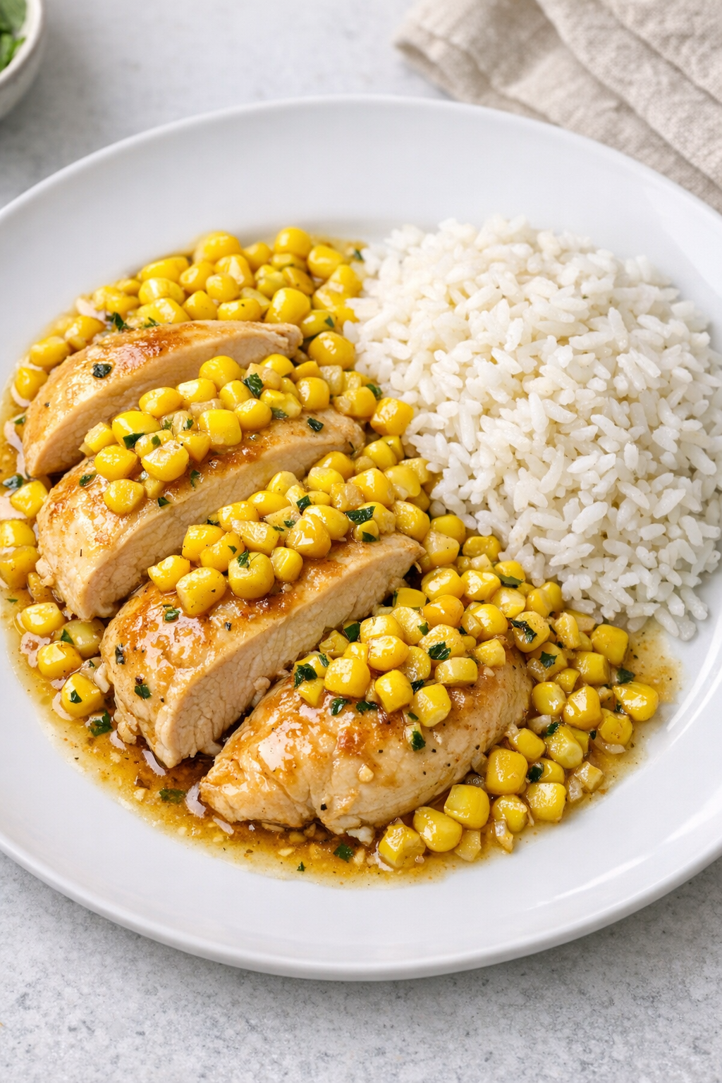 Finished slow cooker chicken and corn plated for dinner