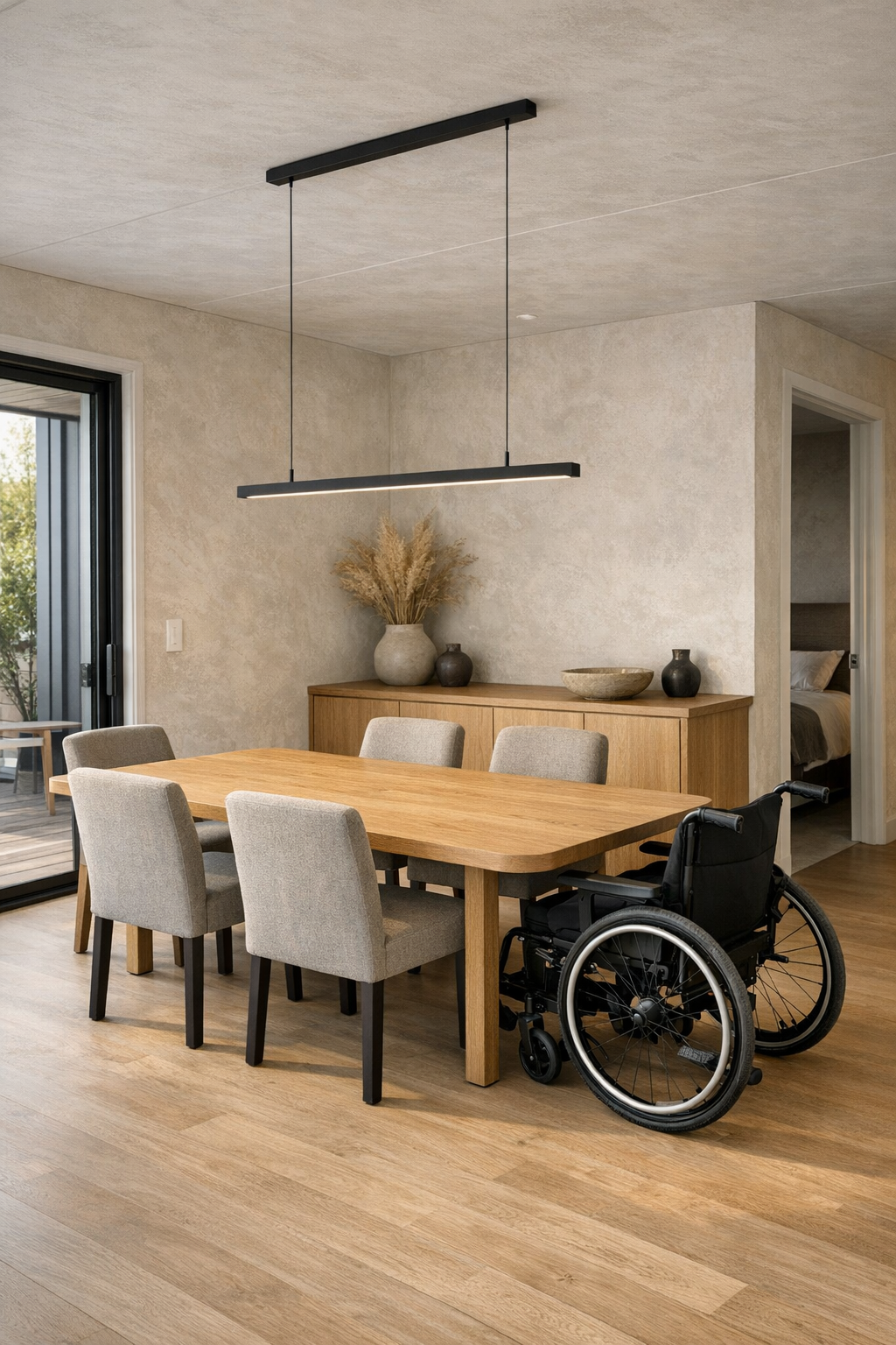 Modern dining room with oak table, upholstered chairs, and linear pendant lighting