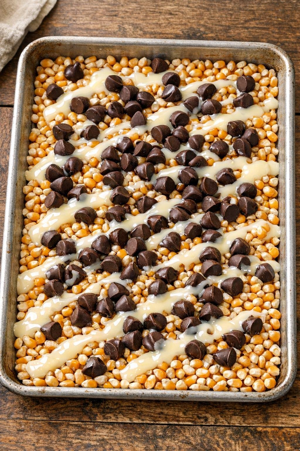 Lait concentré et pépites de chocolat ajoutés aux grains de maïs