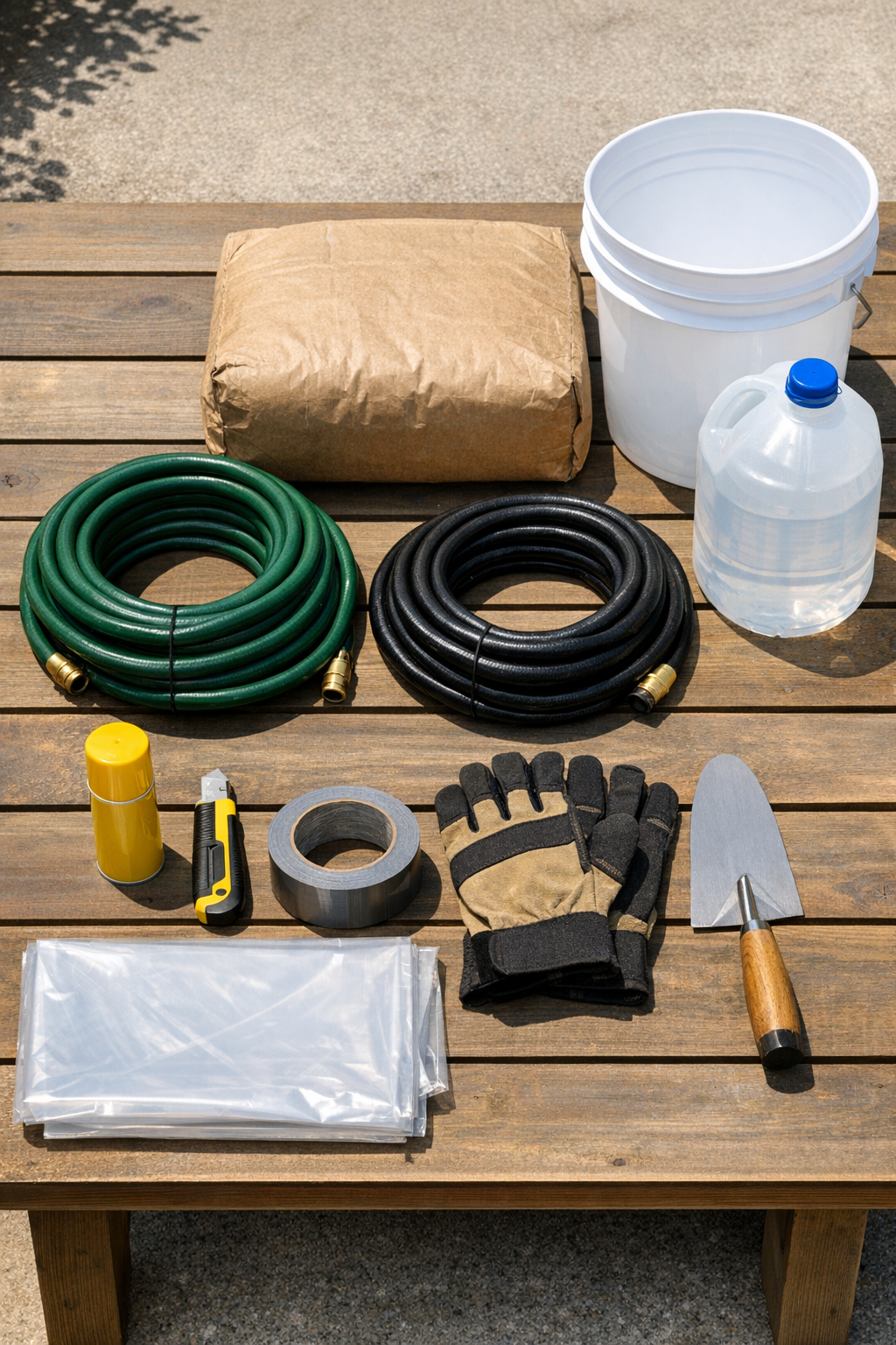 Materials for making two ringed patio bases laid out on a work surface