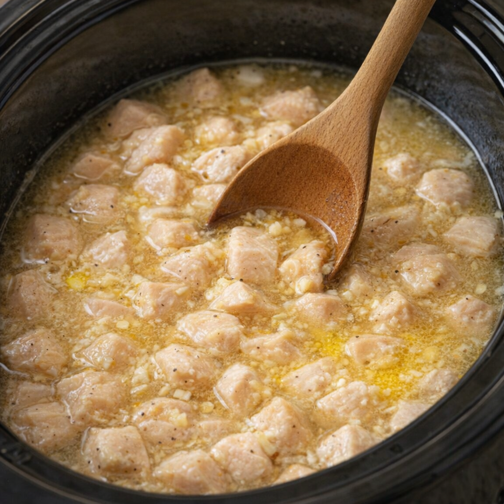 Chicken and broth mixed together in the slow cooker