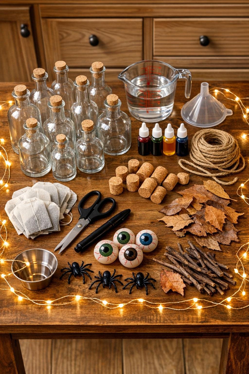 Materials for a recycled bottle potion shelf laid out on a table