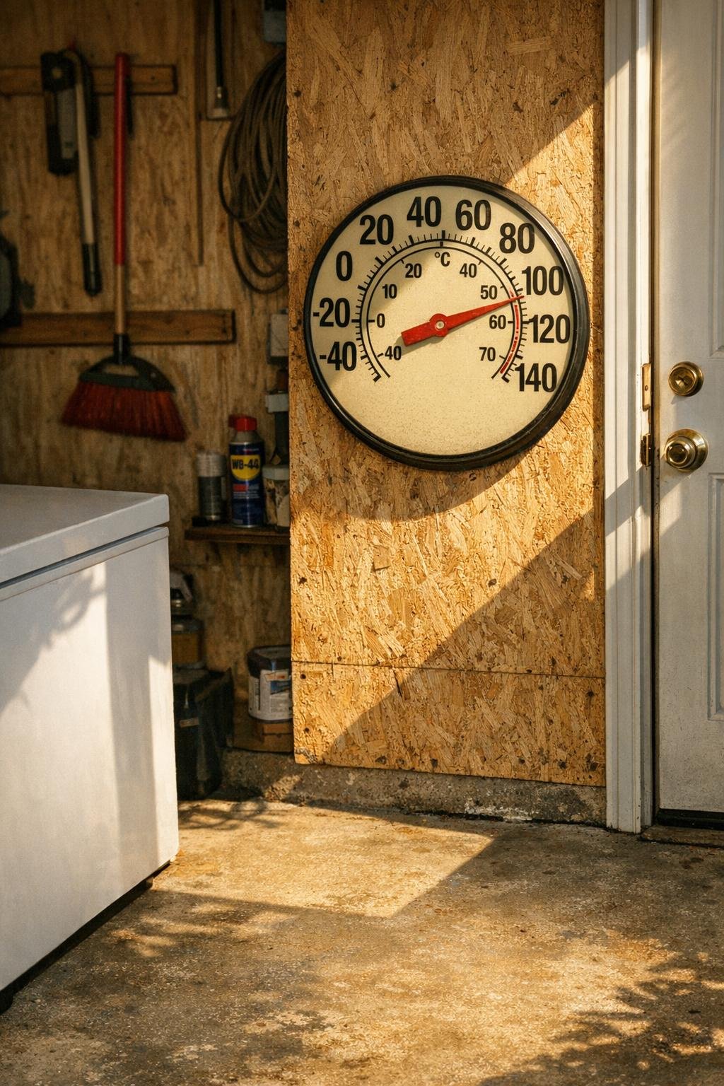 Thermometer and garage concrete floor in summer heat