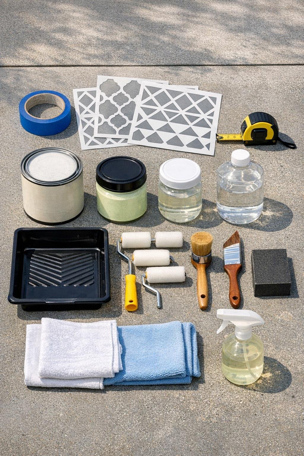 Materials for painting a geometric outdoor rug on a concrete patio