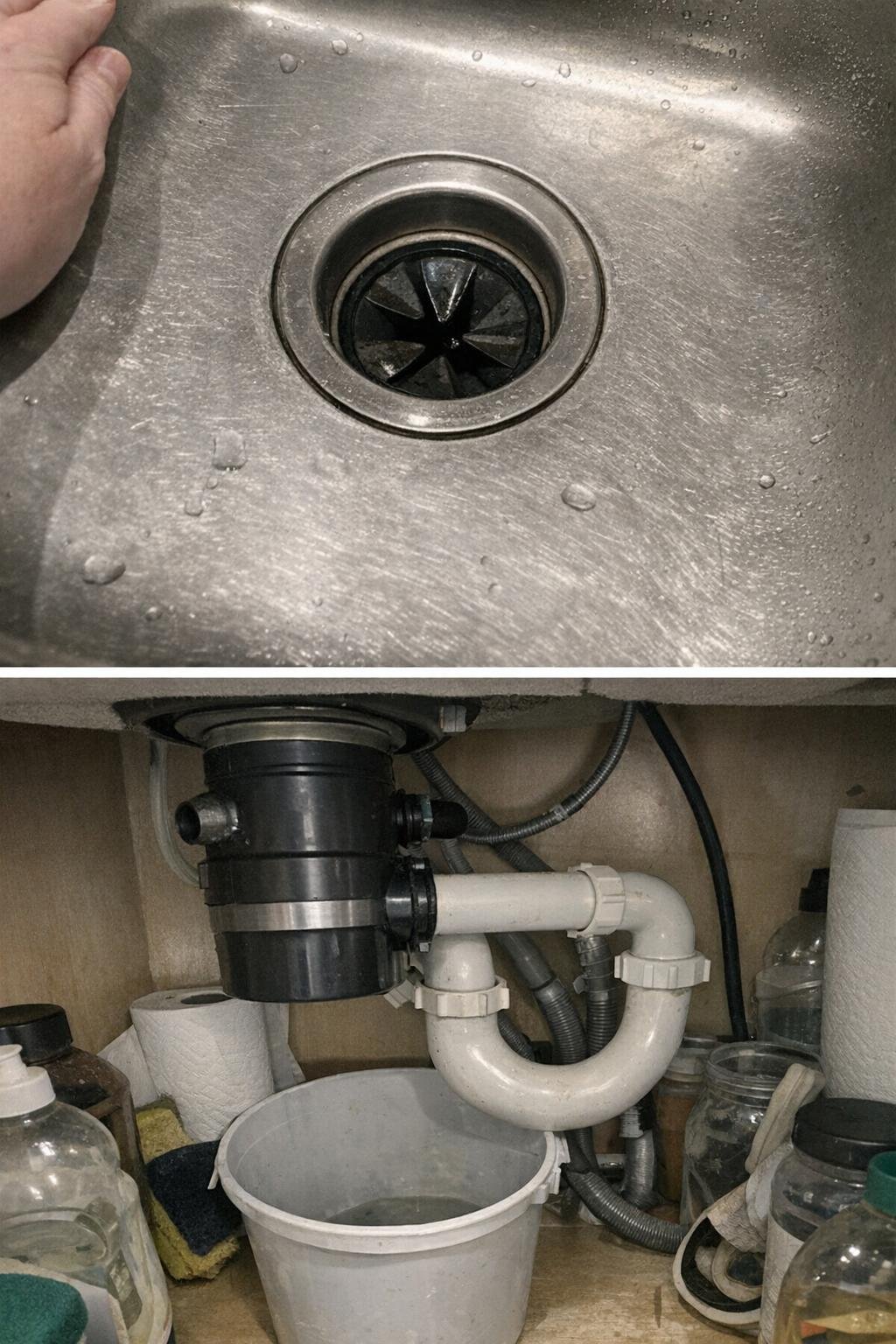 Kitchen sink disposal and P-trap being cleaned