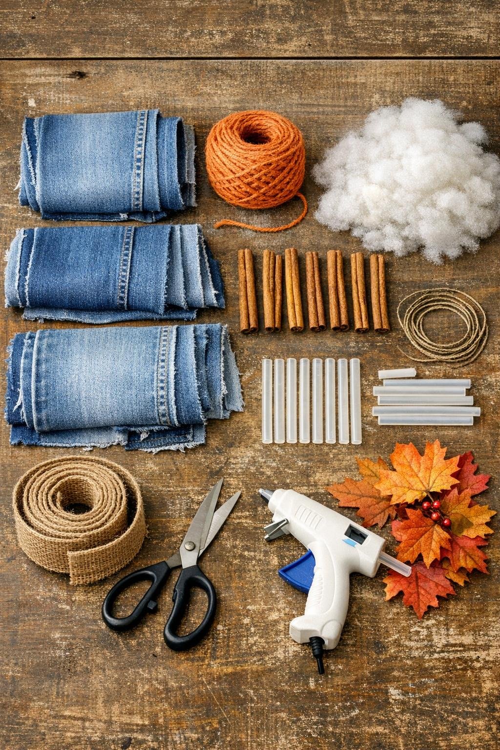 Materials for rolled denim pumpkins laid out together