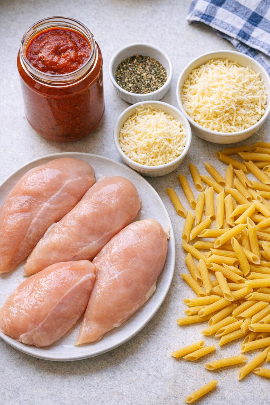Ingrediënten voor kip Parmezaanse kaas uit de slowcooker uitgestald op een aanrecht.