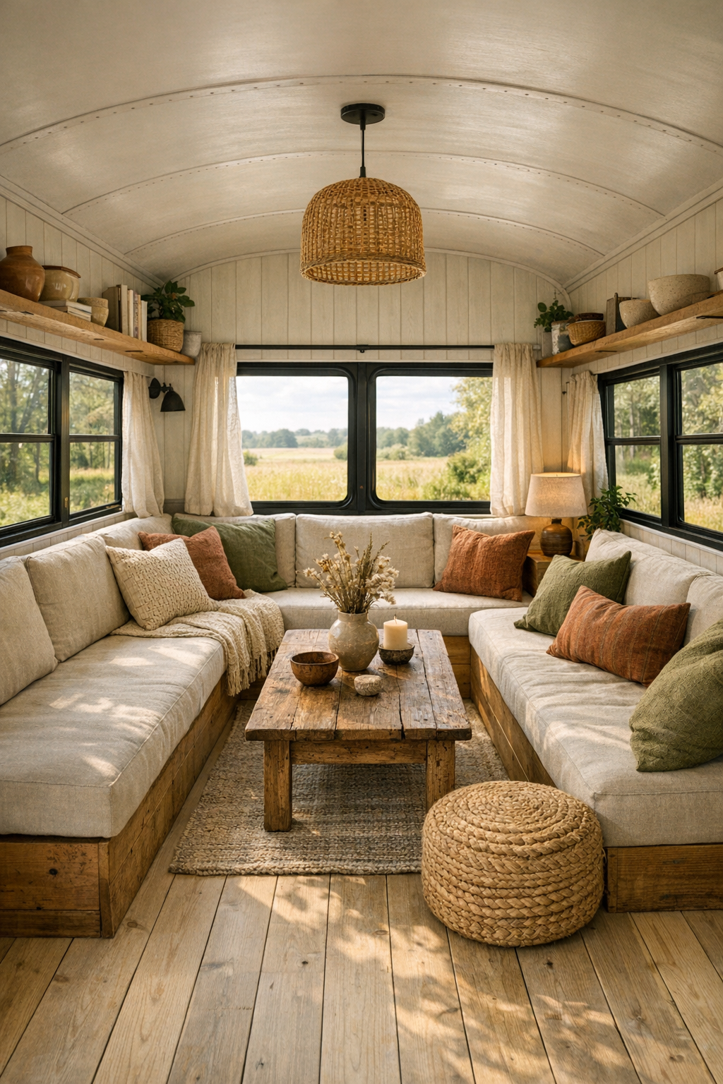 Cozy converted bus living room with built-in linen bench seating and pale wood finishes