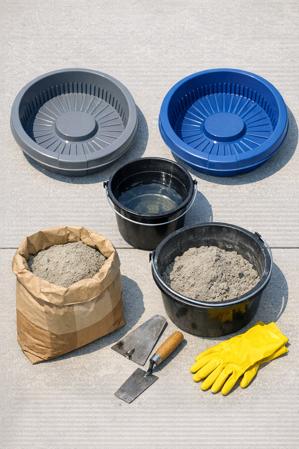 Plastic dish drainers, dry cement mix, water, and a mixing bucket laid out for the project