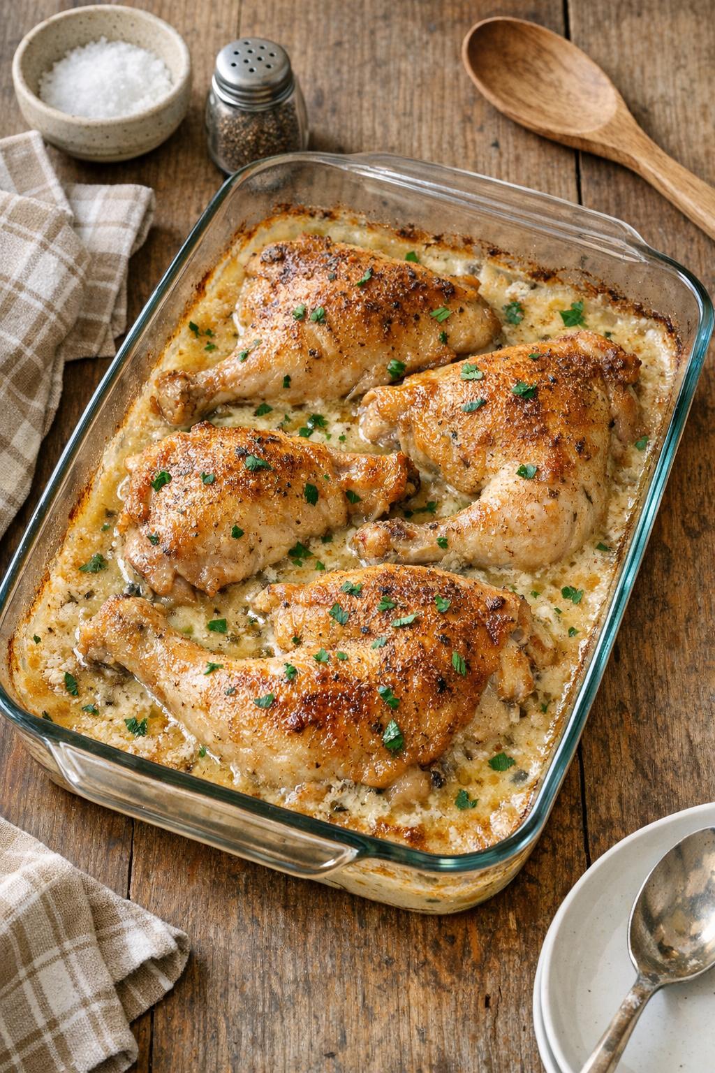Finished baked chicken leg quarters with creamy gravy in a glass casserole dish