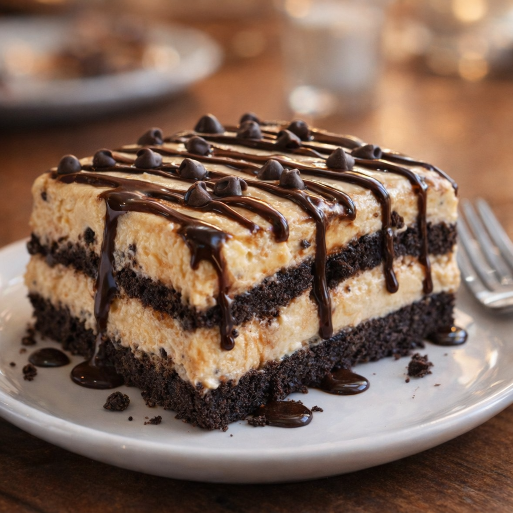 Served slice of chocolate peanut butter lasagna on a dessert plate