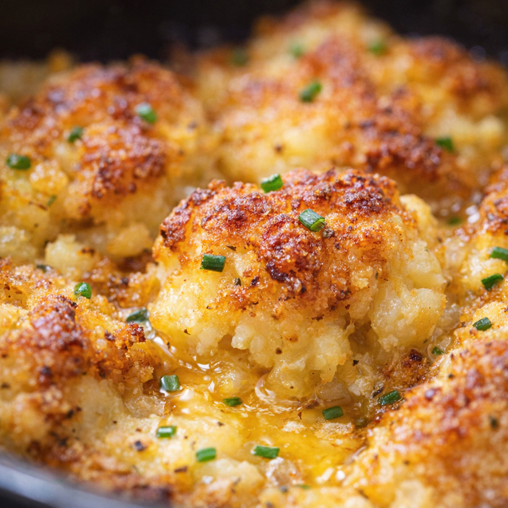 Close-up of crispy smashed potato edges topped with chives