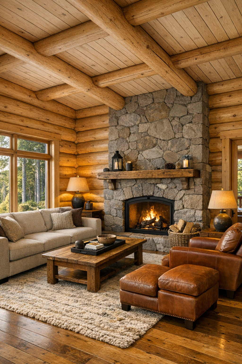 Living room with cedar log walls, stone fireplace, and warm neutral furnishings