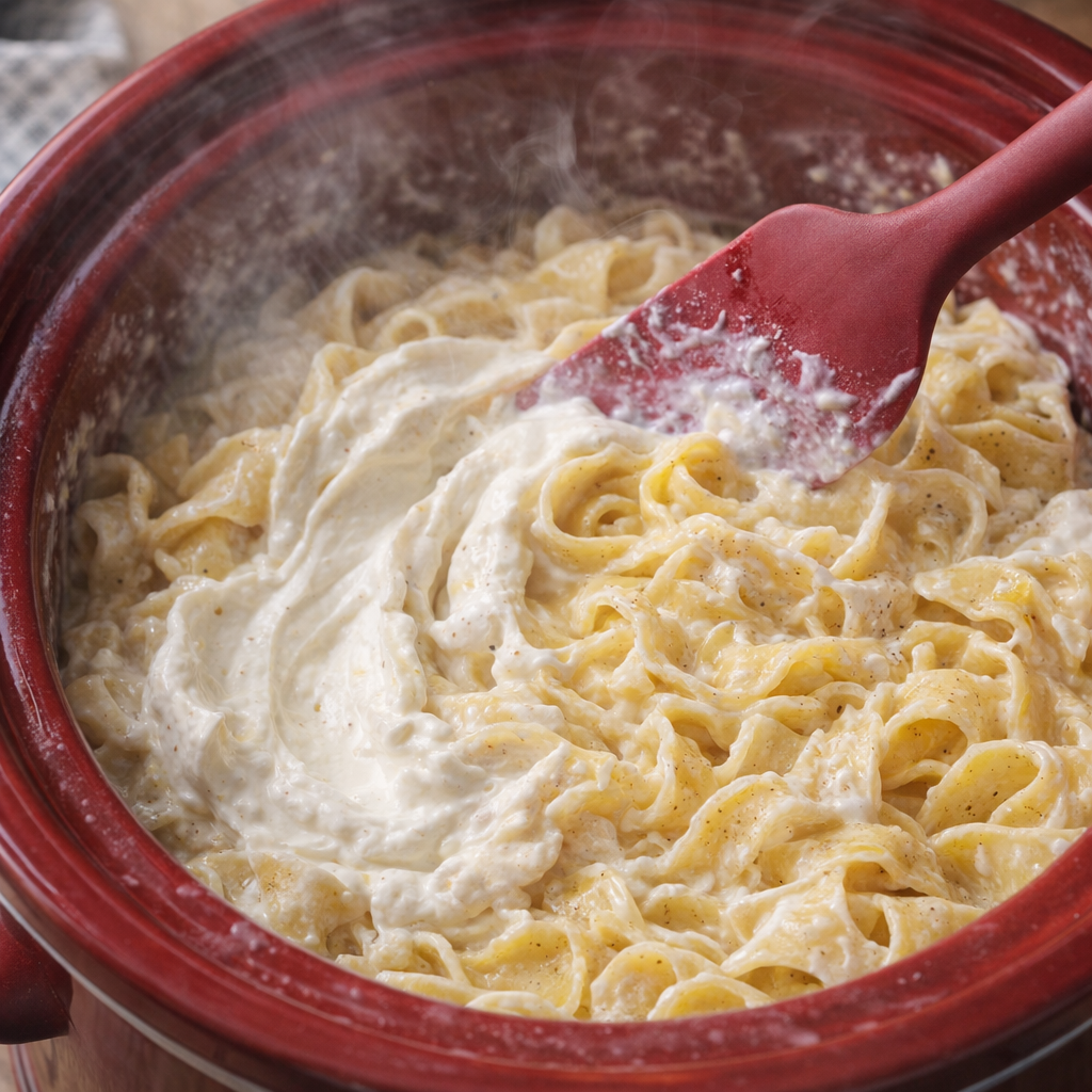 Sour cream being folded into hot noodles