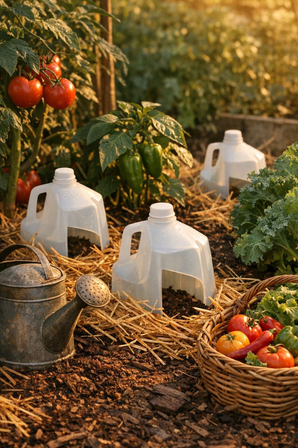 Finished deep watering reservoir made from plastic milk jugs installed in a fall garden bed