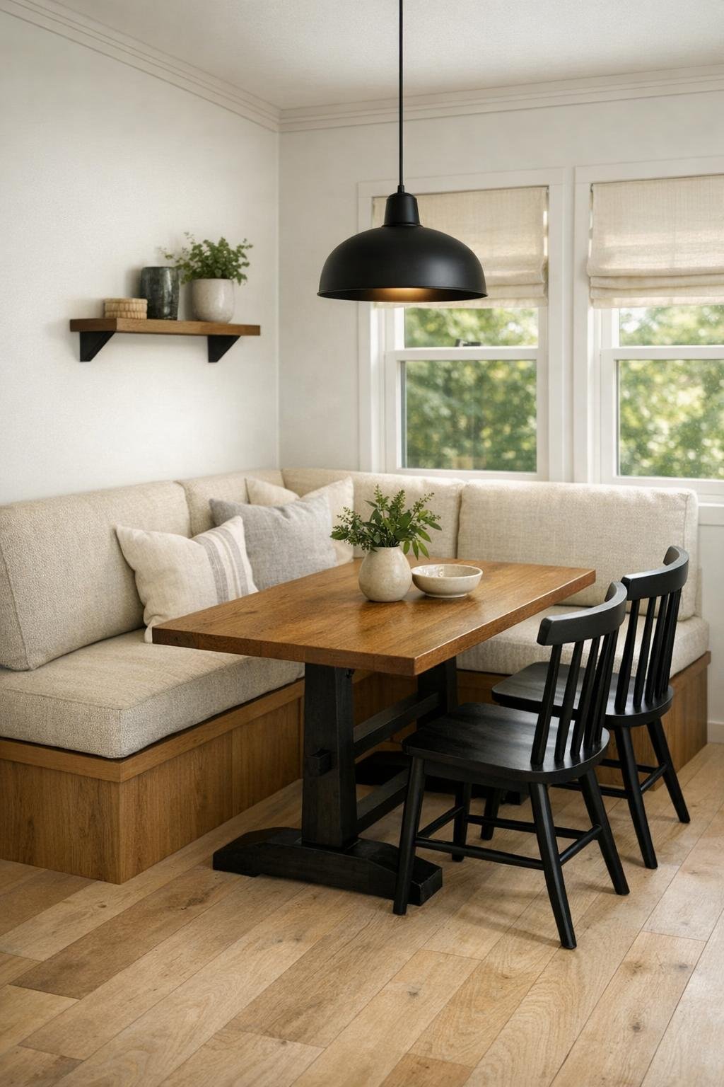 Small dining area with built-in banquette and wood table in a modern park model RV