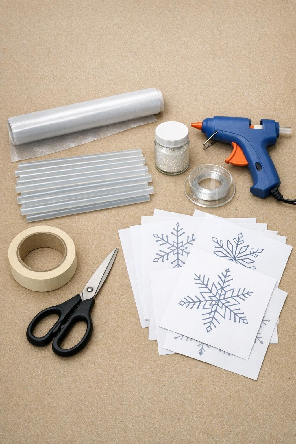 Materials for hot glue snowflake craft laid out on a table