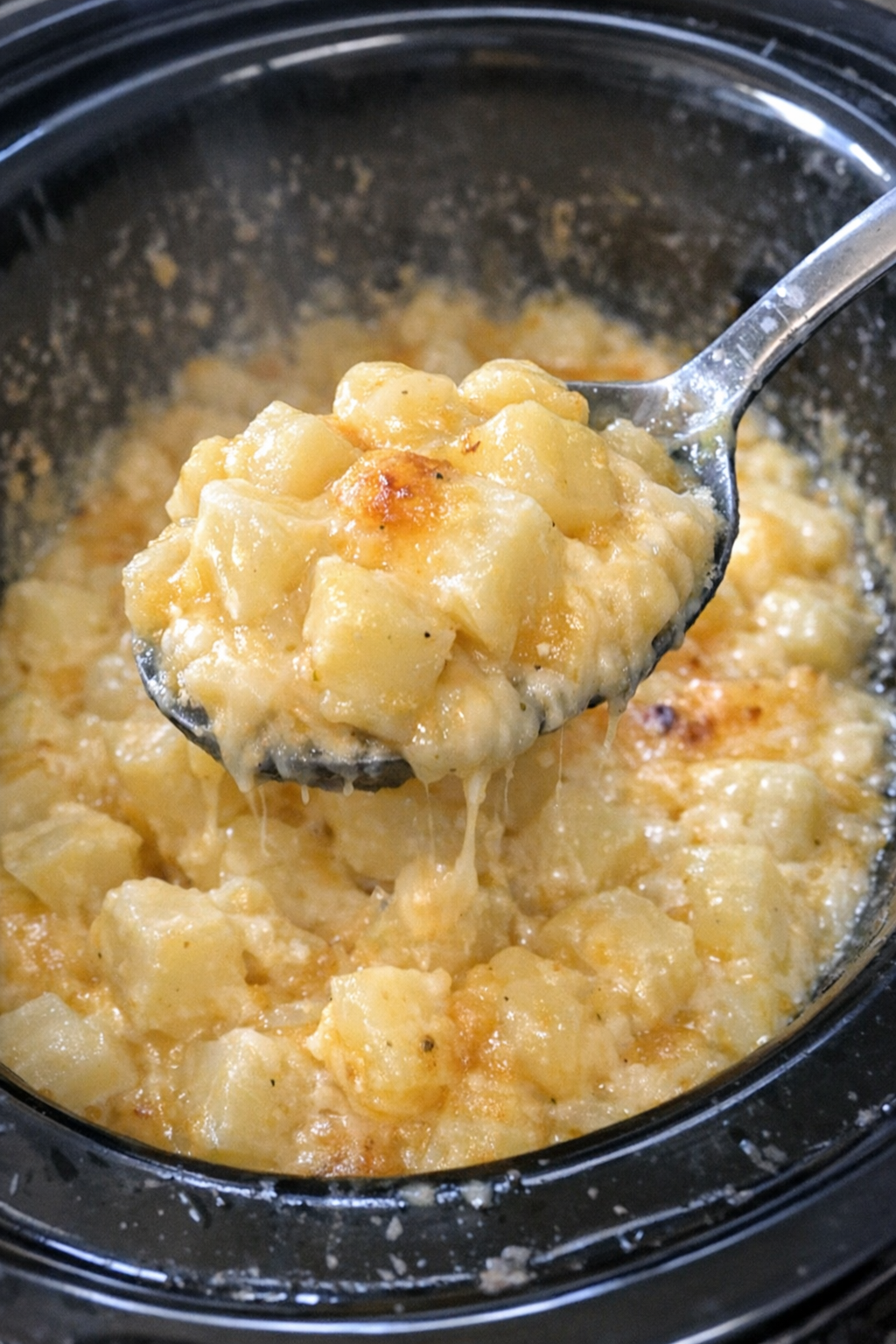 Slow cooker cheesy potatoes ready to serve
