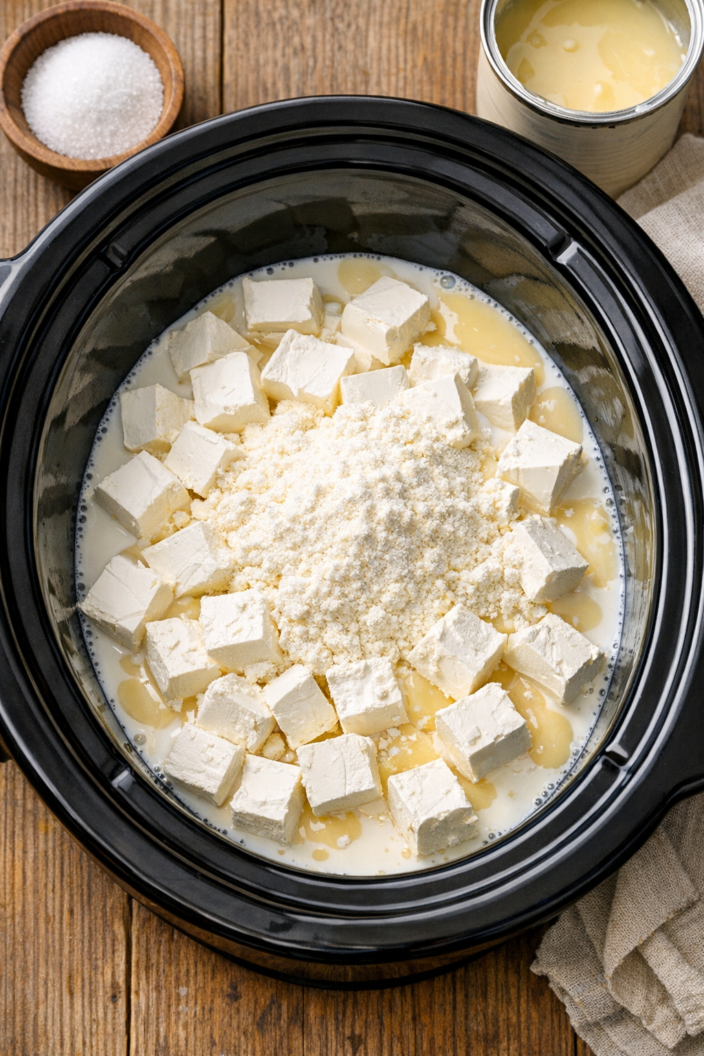 Cubed cream cheese with milk and pudding mixture in a slow cooker