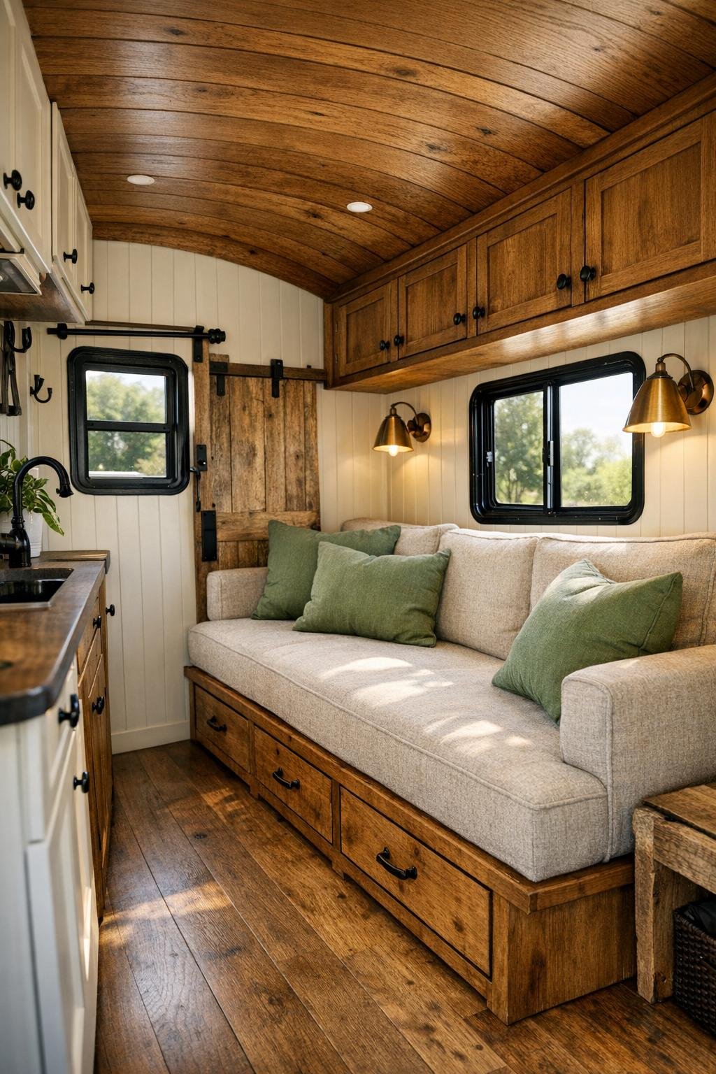 Cozy camper living room with built-in bench seating and warm wood finishes