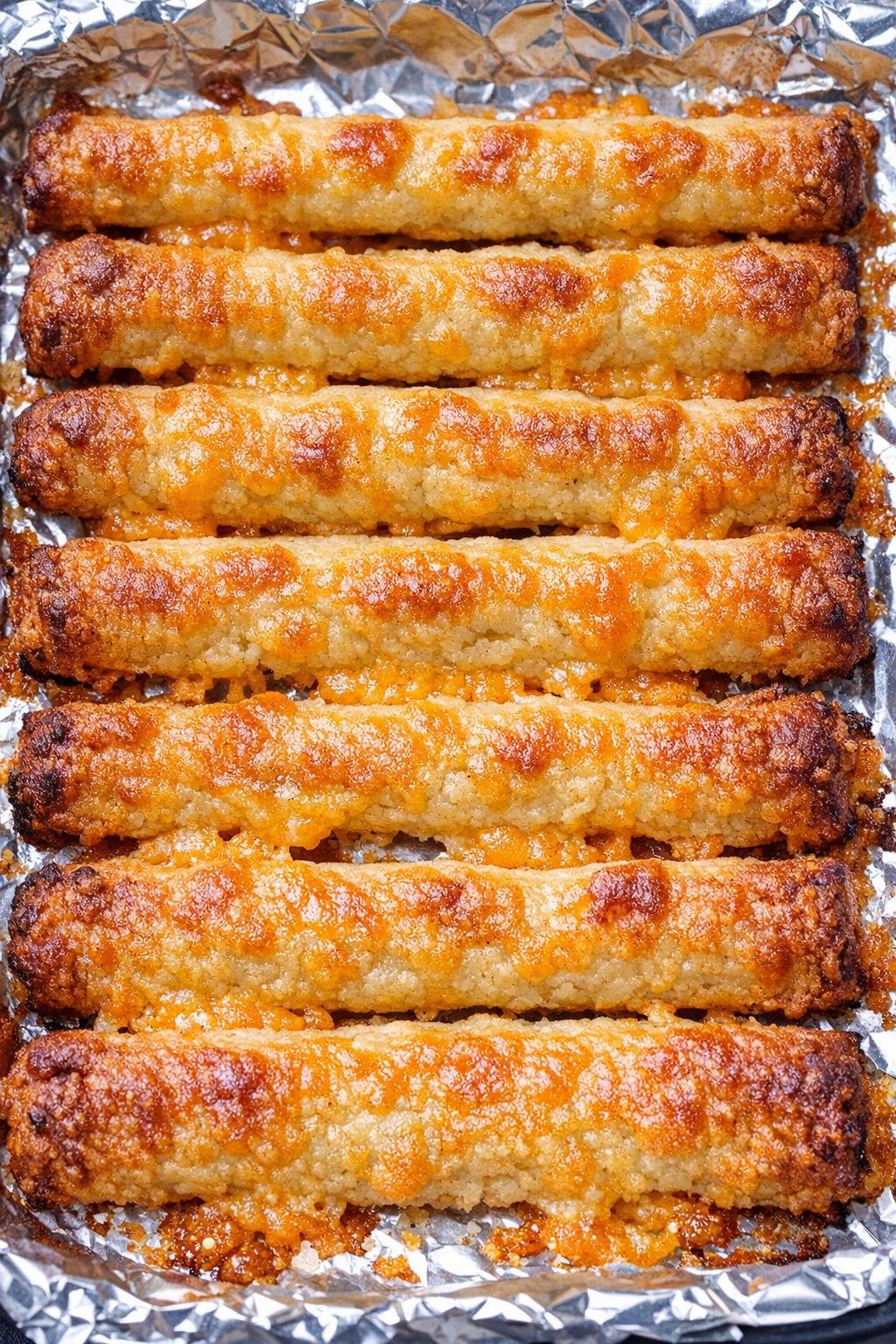 Southern 3-ingredient cheesy lunchroom straws on a foil-lined baking tray