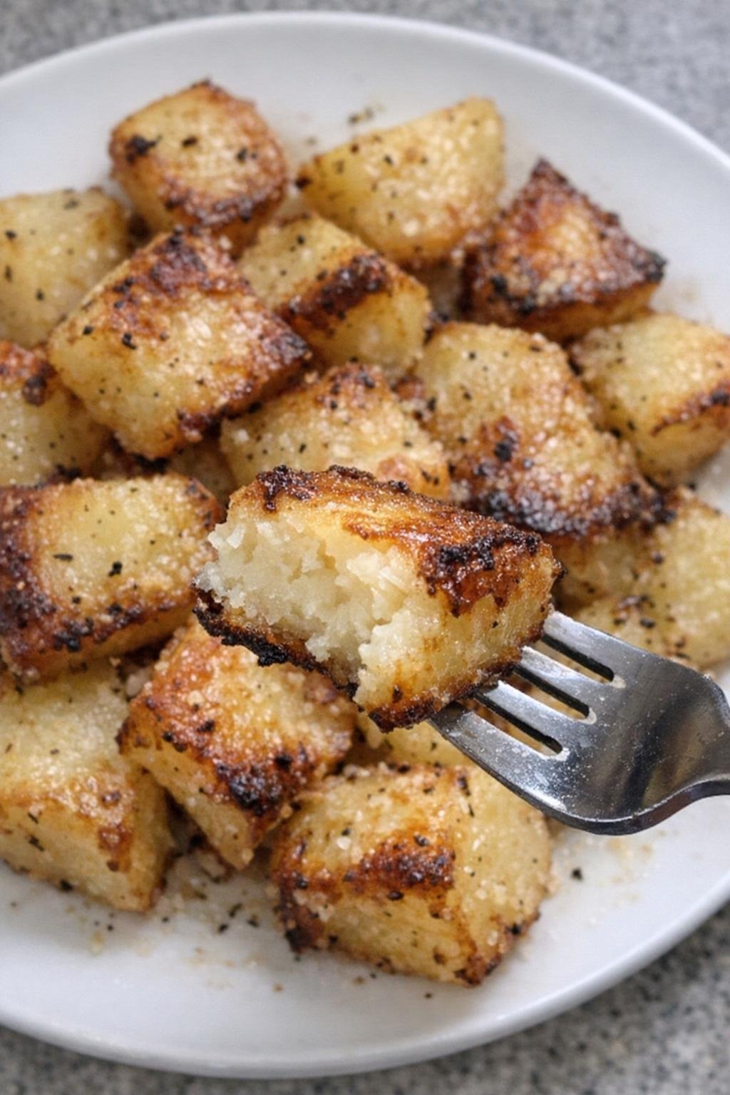 Golden crispy roasted potatoes on a white plate