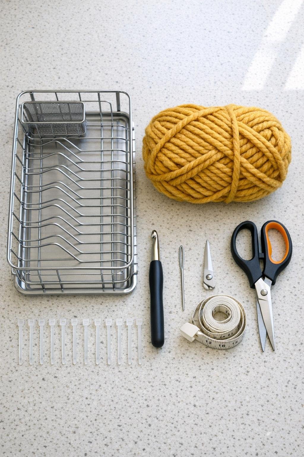 Materials for crocheting a decorative basket around a wire dish drying rack