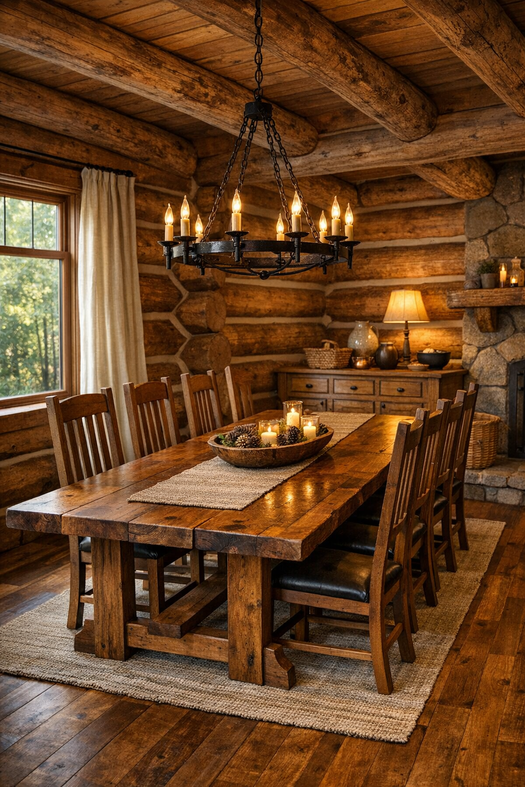 Rustic dining room with handcrafted wood table, high-back chairs, and warm natural finishes