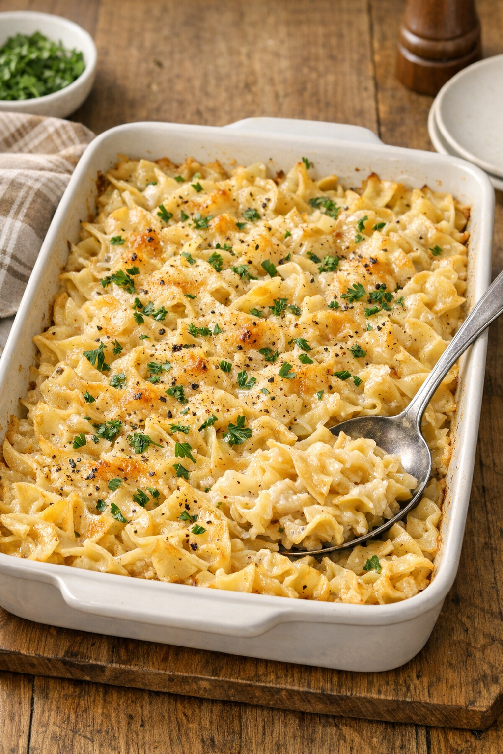 Finished baked creamy onion noodles in a casserole dish