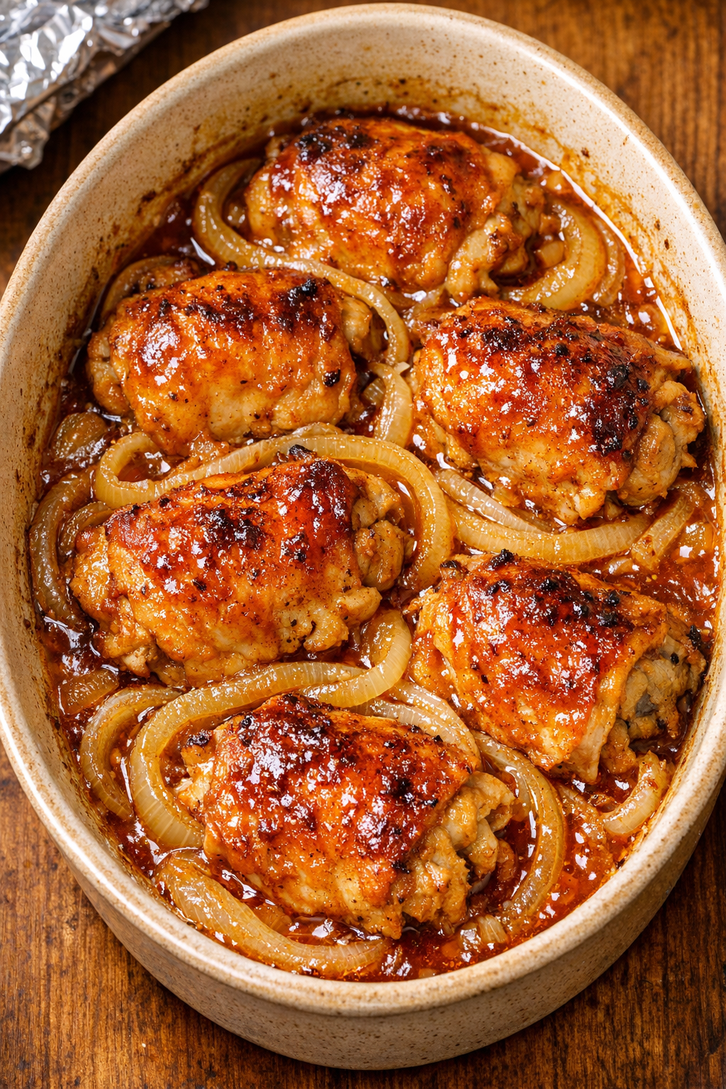 Partially baked chicken with sauce and softened onions in the baking dish