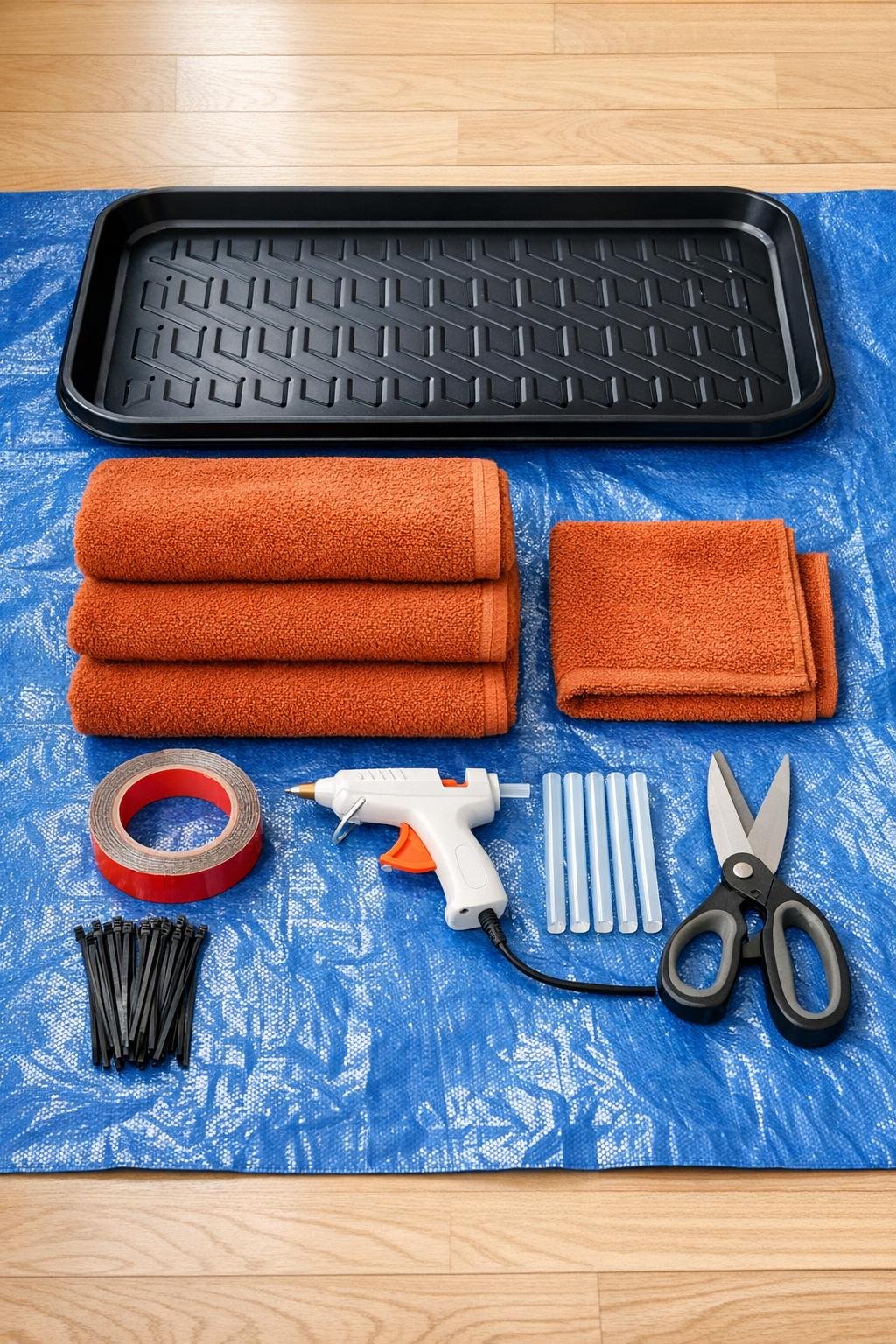 Materials for a rolled towel boot tray liner laid out together