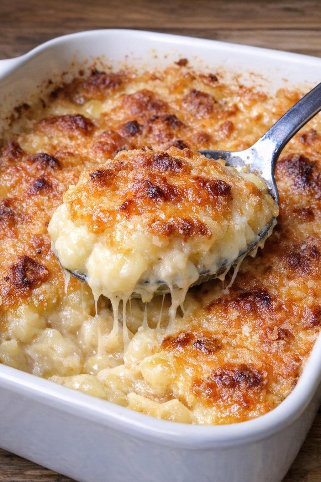 Close up of potato dunlap casserole in a white dish with a spoon lifting a cheesy portion