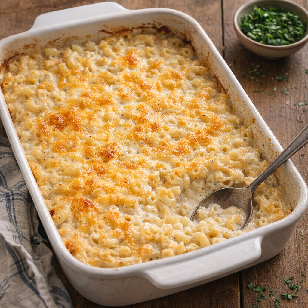 Baked ranch macaroni in a casserole dish on a farmhouse table