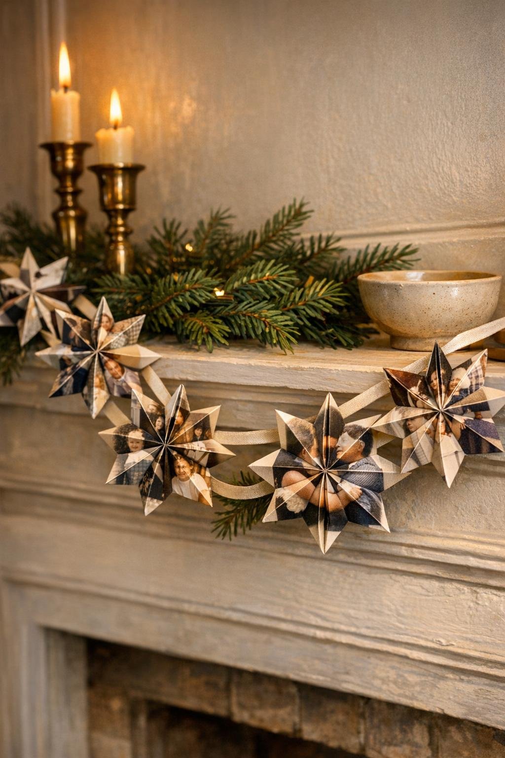 Finished accordion photo star garland displayed across a mantel