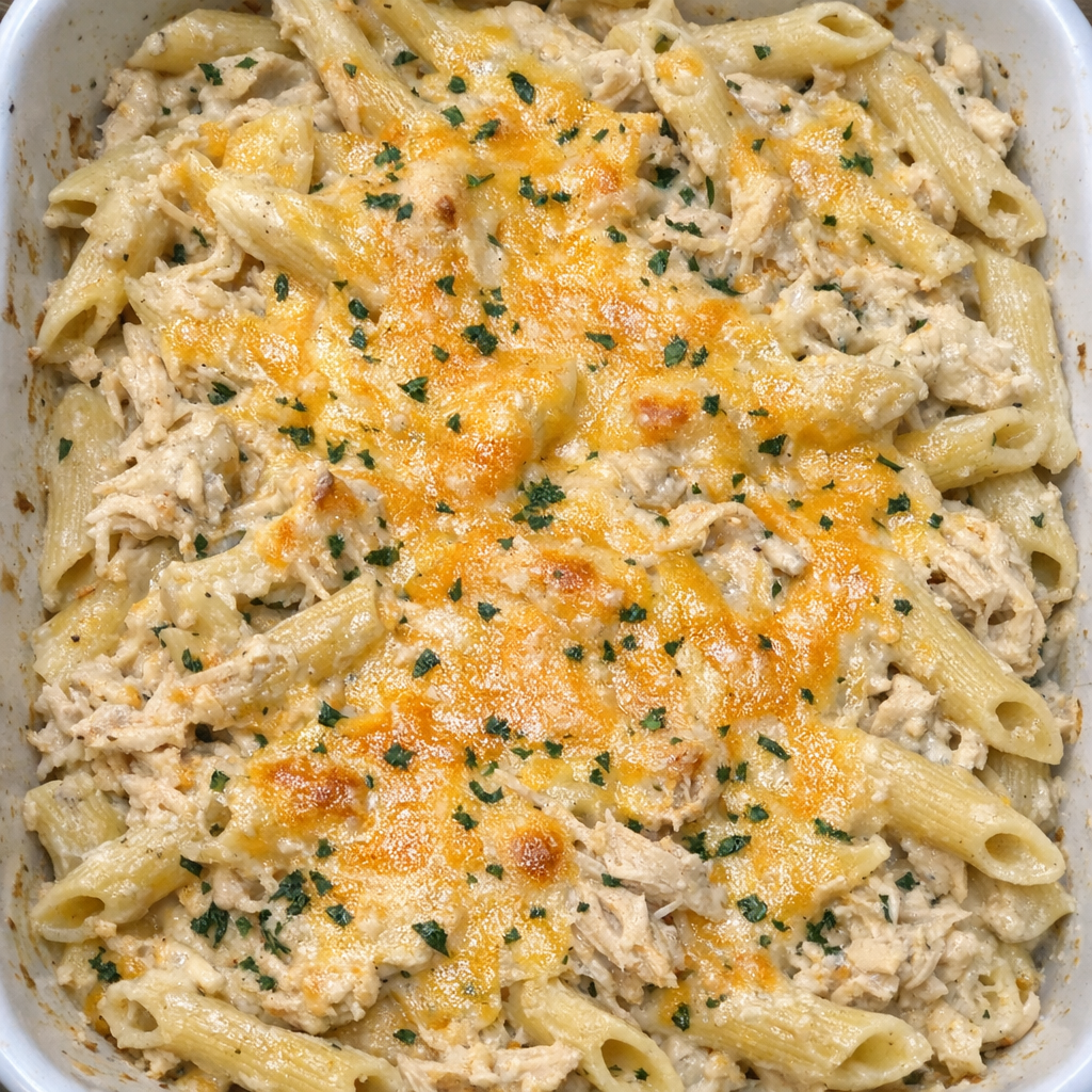 Creamy ranch chicken pasta baked with cheddar cheese