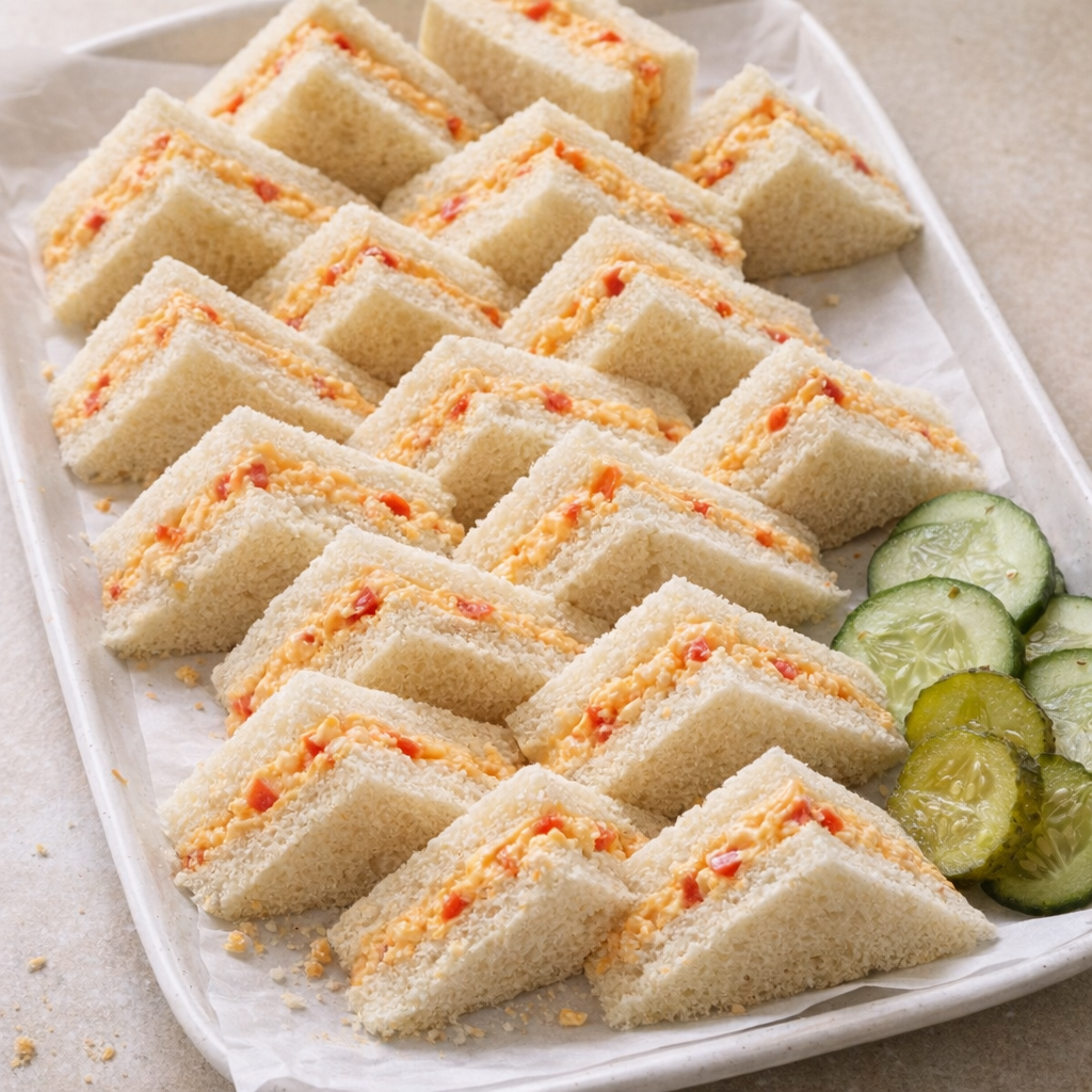 Tray of pimento cheese tea sandwiches on parchment-lined platter