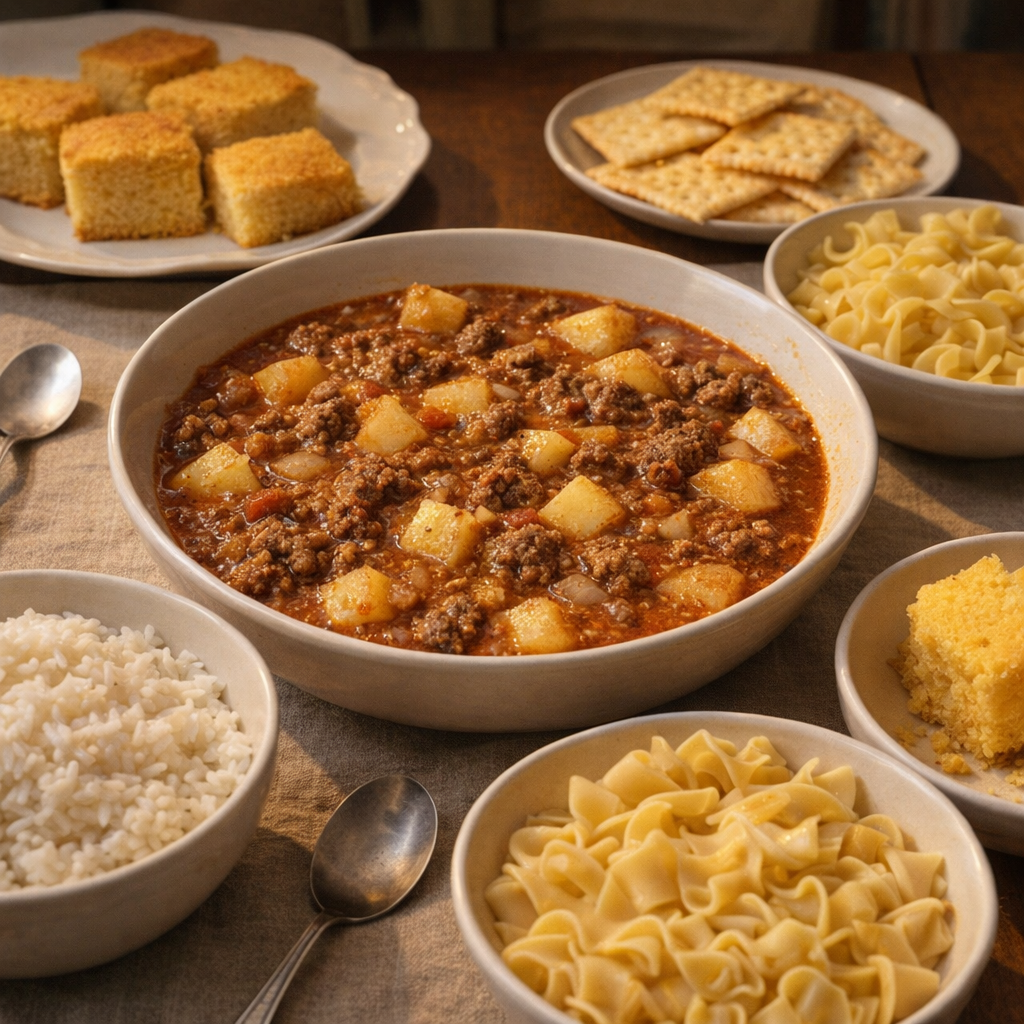 Family-style serving of mulligan stew with optional sides