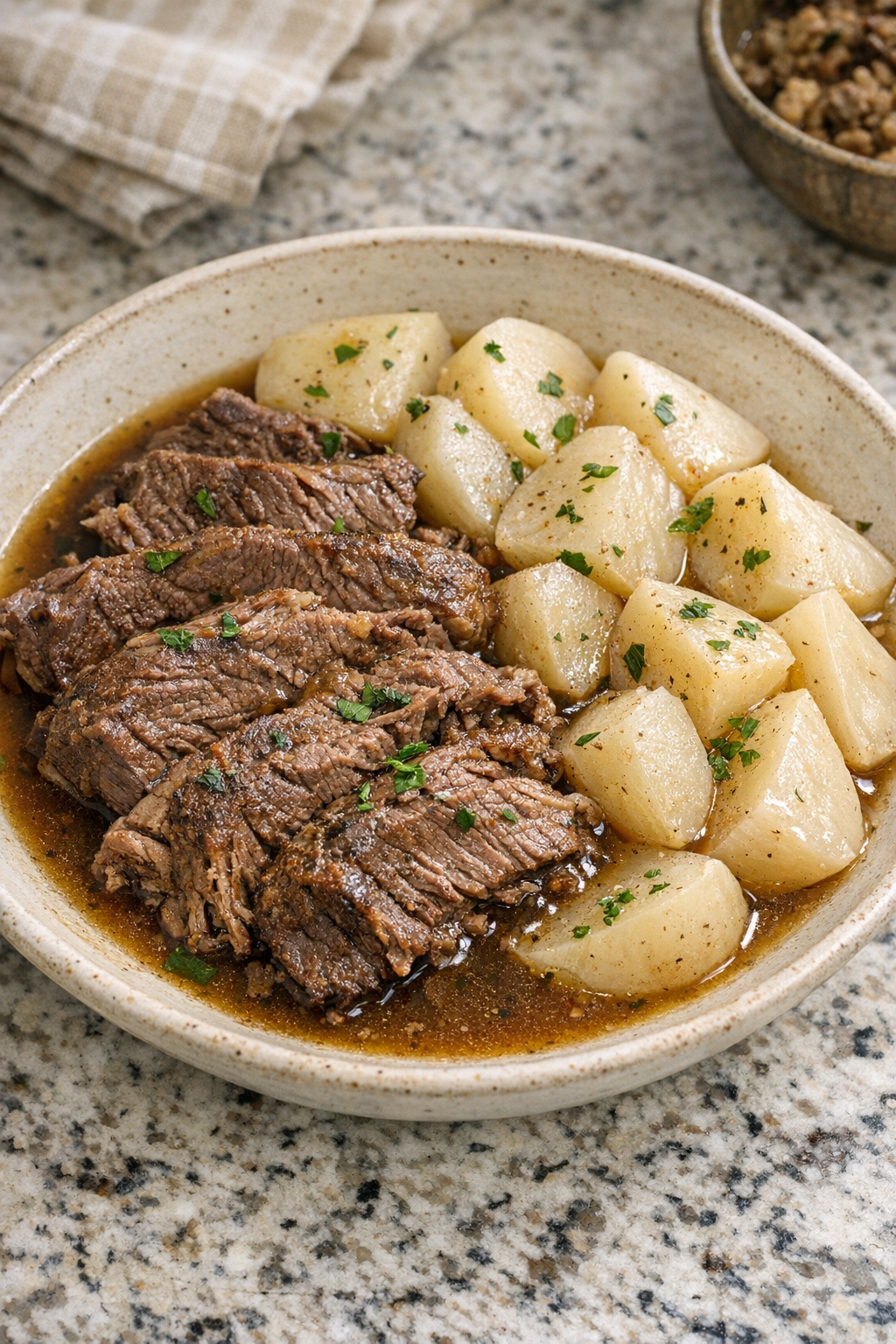 Finished Amish turnip beef plated in a rustic bowl