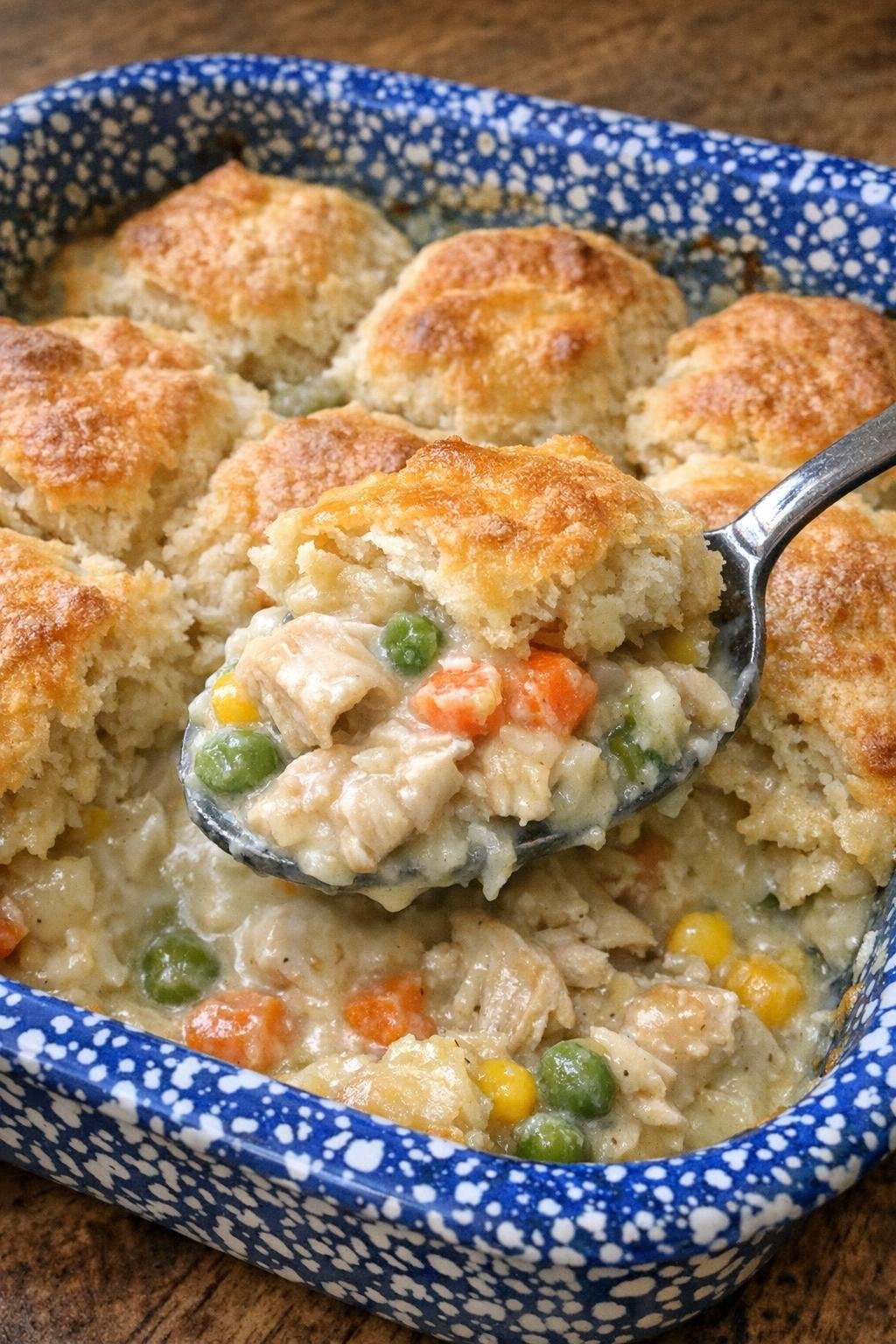 Golden biscuit-topped chicken casserole in a blue speckled baking dish