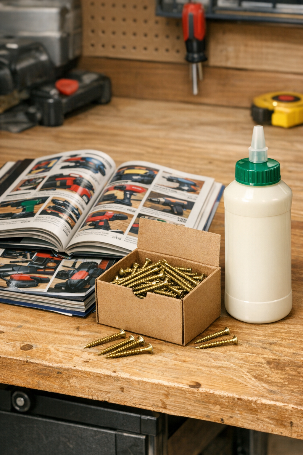 Materials for rolled catalog tool rack pegs laid out on a workbench