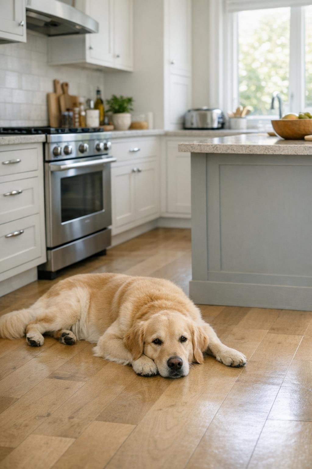 Dog resting on the kitchen floor near cooking activity
