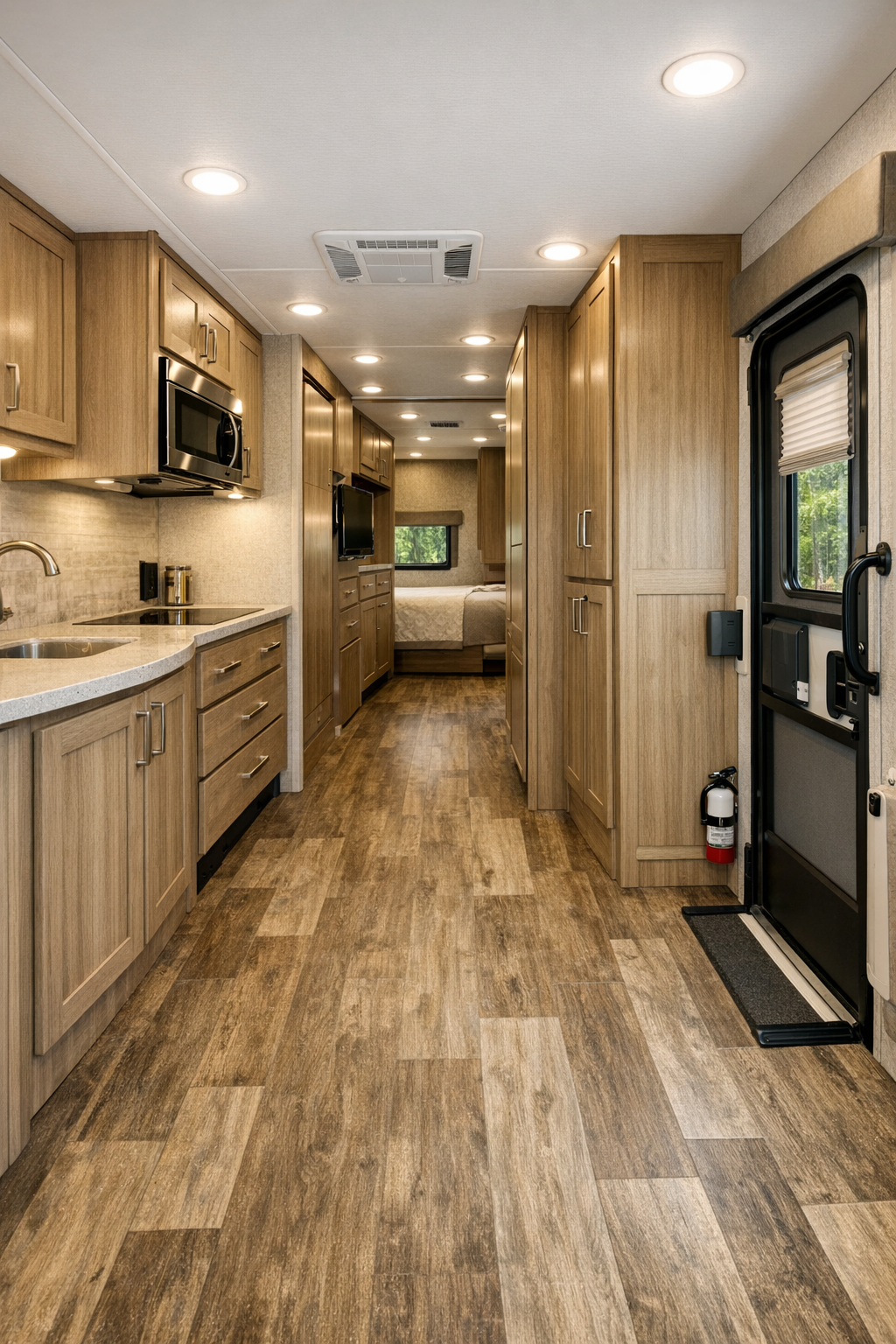 Accessible RV hallway and entry area with wide circulation space, flush cabinetry, durable flooring, and integrated storage