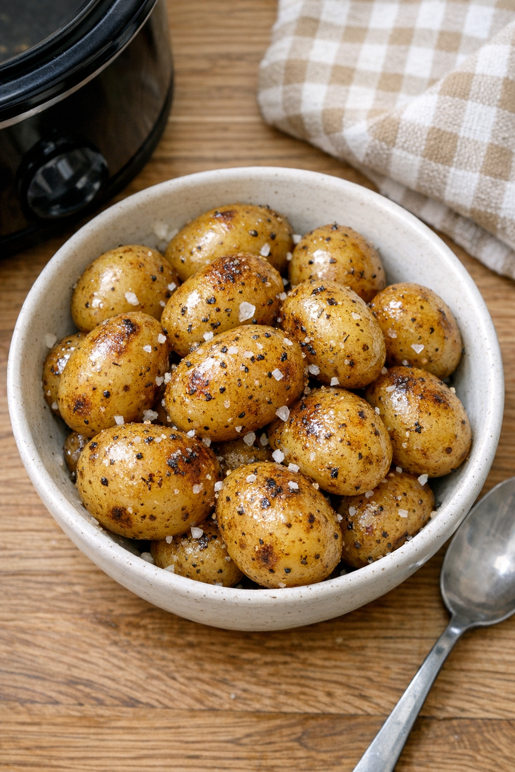 Finished slow cooker baby potatoes in a serving bowl