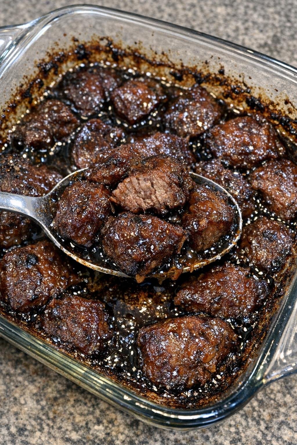 Savory beef bites in a glass casserole dish